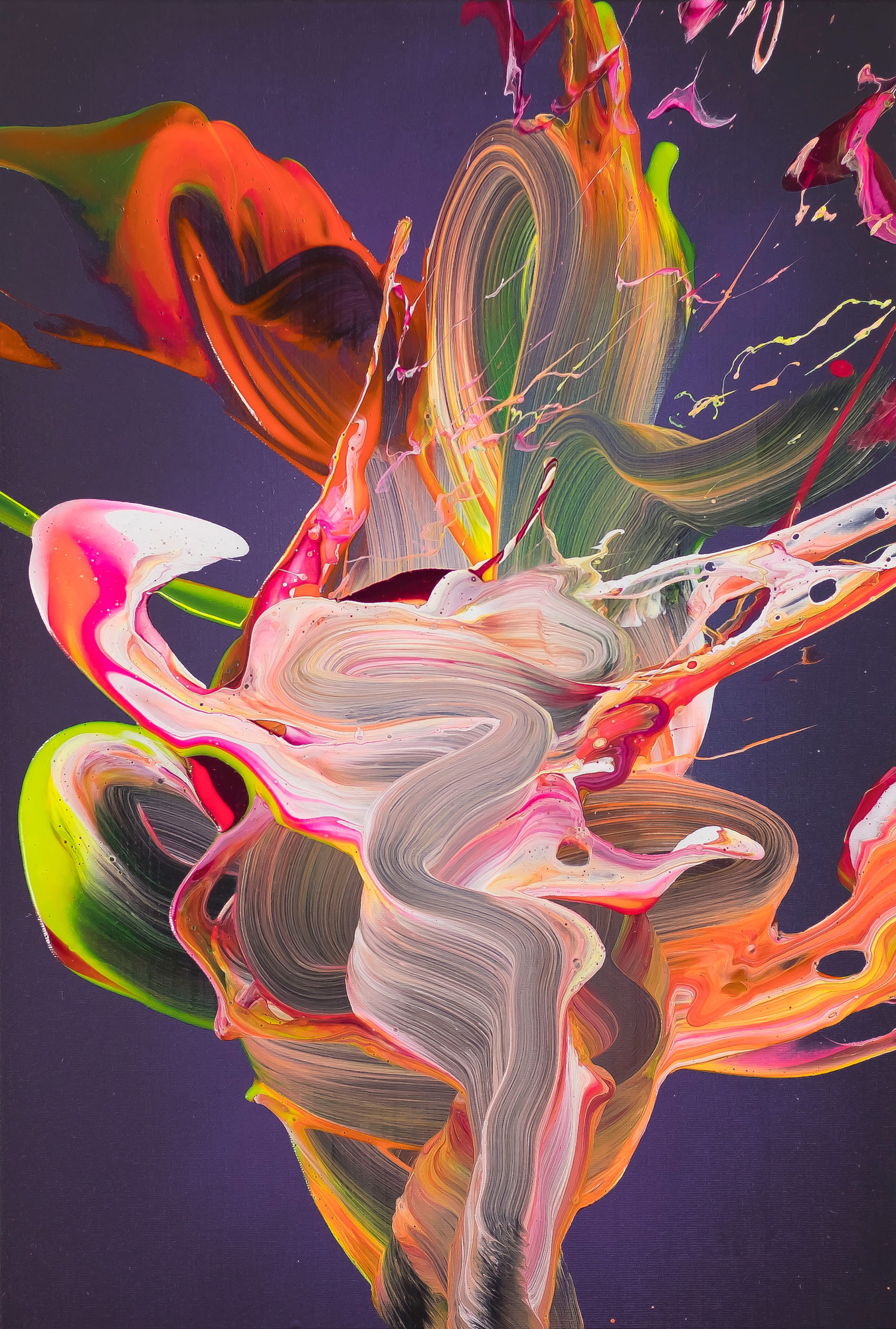 Abstraktes Original-Gemälde 60x40cm Hochformat in Violett, Rosa & Orange Neon