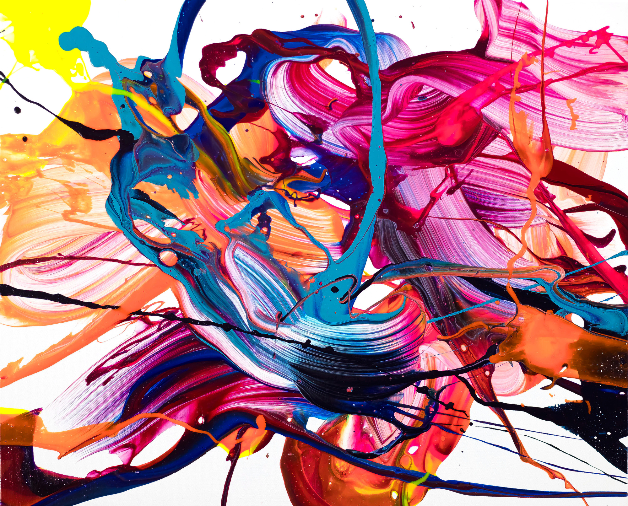 Abstraktes Original-Gemälde Action Painting 50x60cm Querformat in Blau Rosa und Orange auf Weiß