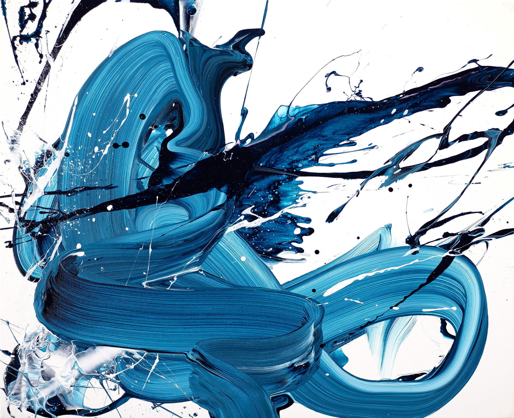 Abstraktes Original-Gemälde Action Painting 50x60cm Querformat Leinwand Blau Weiß