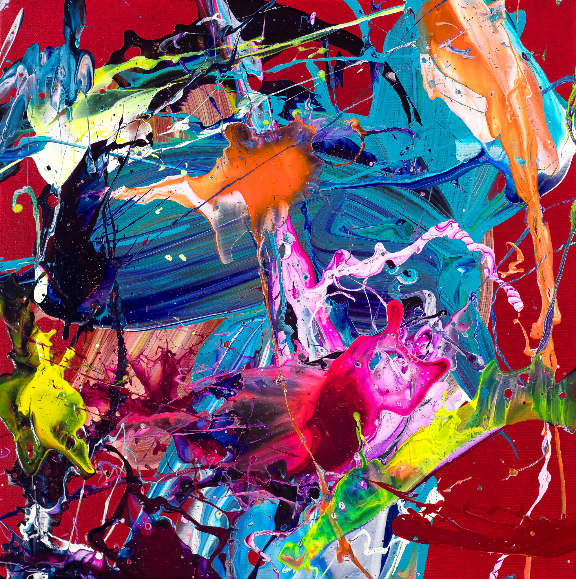 Abstrakte Malerei Action Painting 40x40cm quadratisch Neon Bunt Türkis Pink Leinwand Original